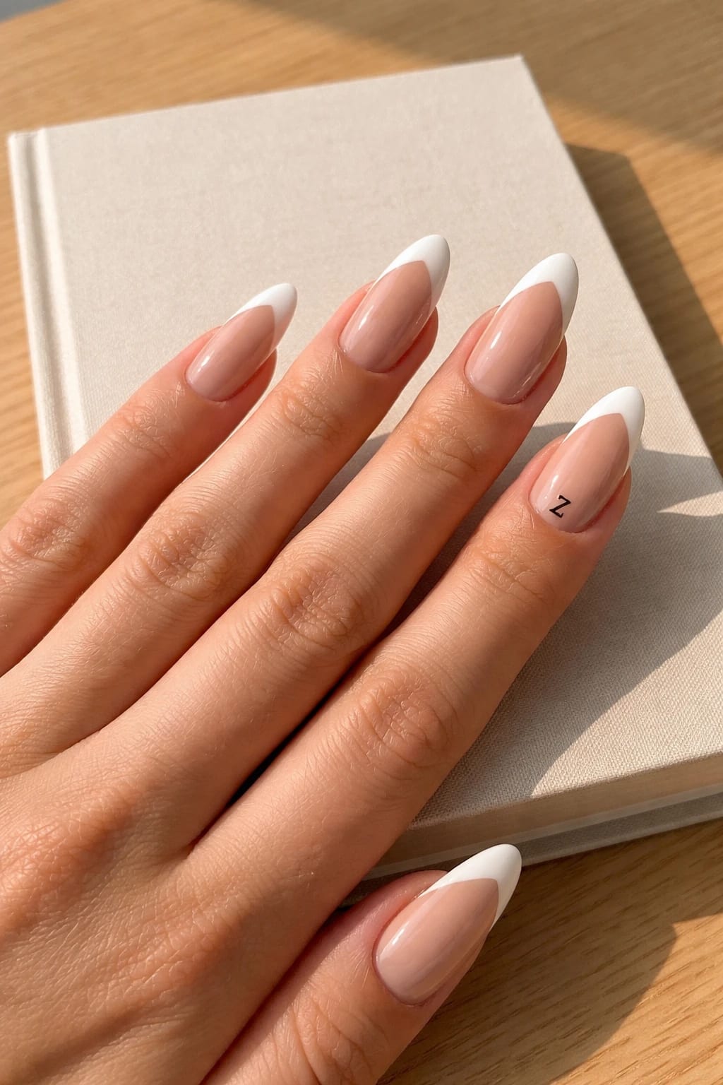 Modern V-French Almond Nails With A Tiny Z Initial