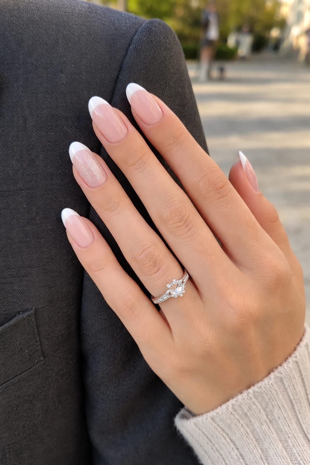 Timeless French Engagement Nails With A Shimmer Accent Ring Finger