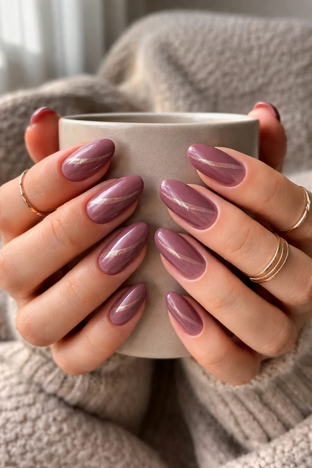 Dusty Rose Almond Cat Eye Nails with Delicate Rings