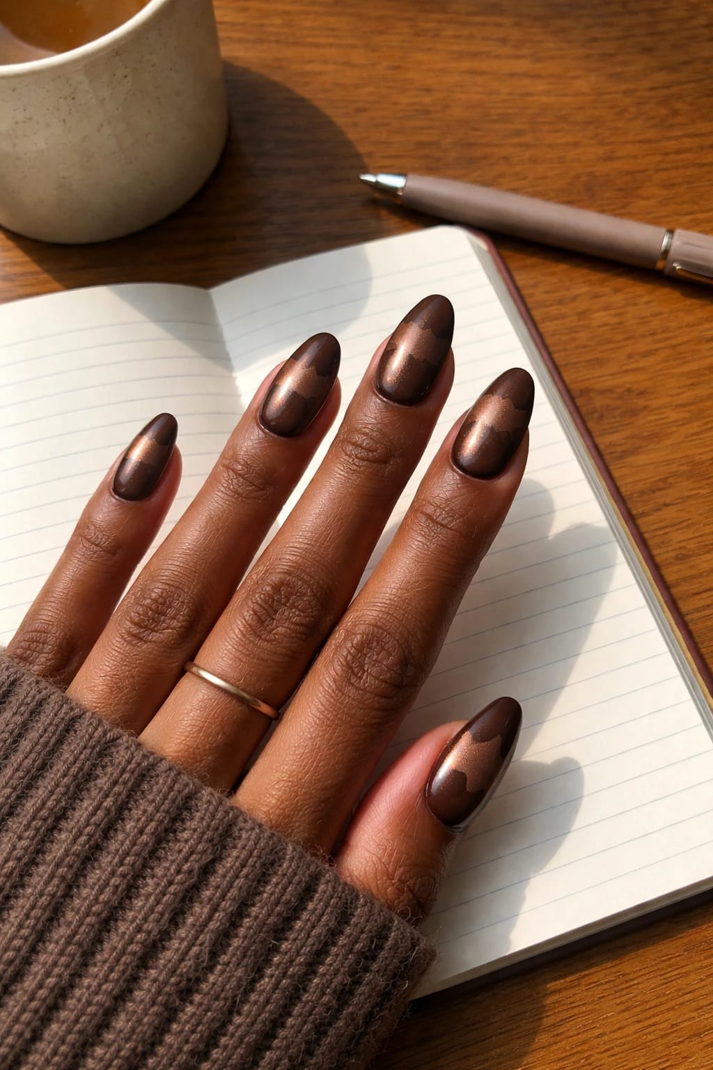 Chocolate Almond Cat Eye Nails for Coffee-Fueled Workdays