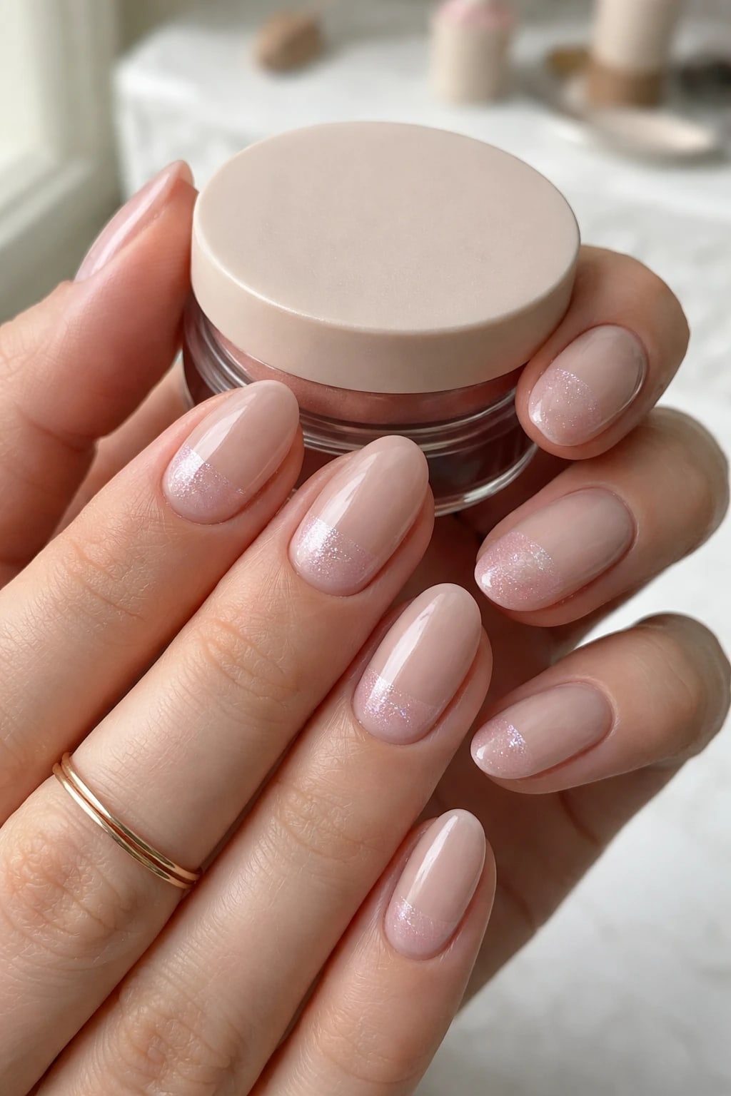 Milky Almond Nails with Whisper-Pink Cat Eye Tips
