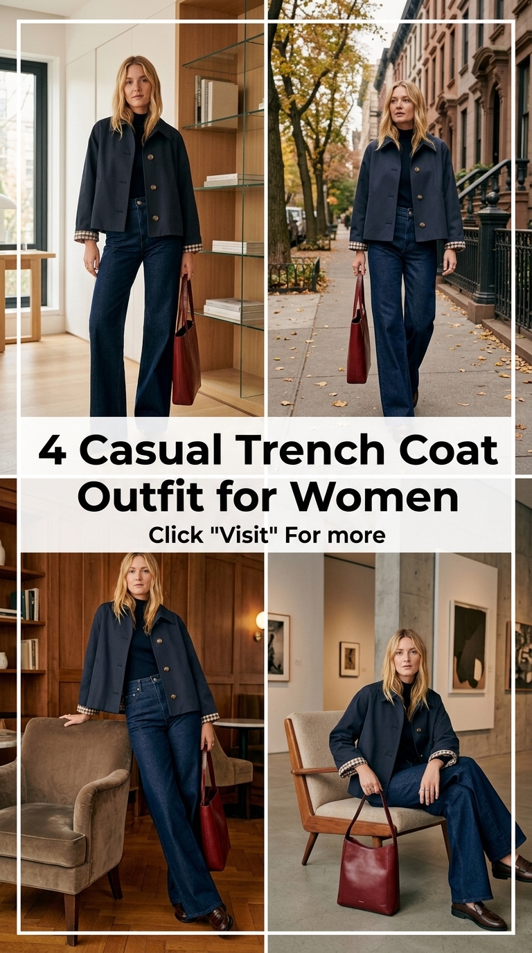 Monochrome Navy Short Trench with Wide-Leg Jeans