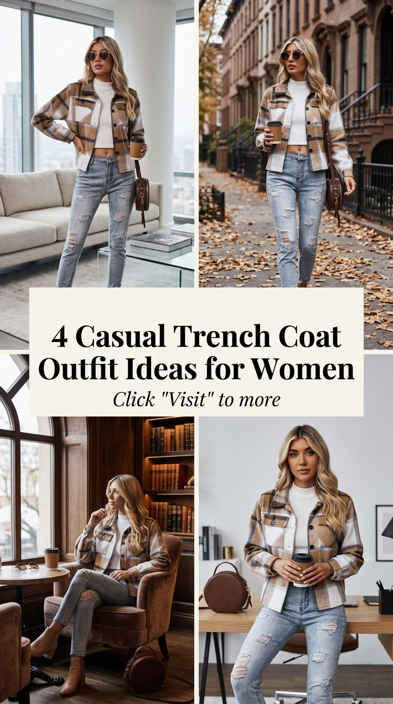 Camel Plaid Crop Trench with Ripped Jeans