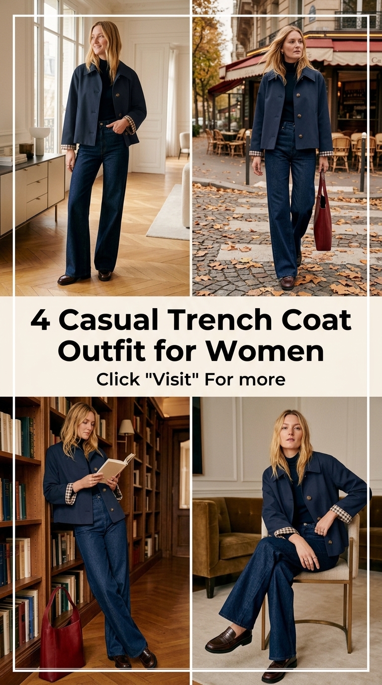 Navy Short Trench with Dark Wide-Leg Denim