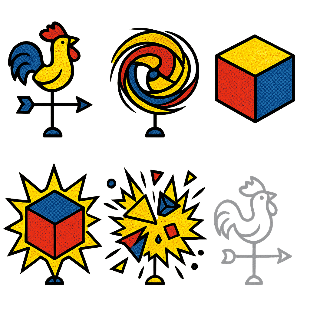 AI generated spritesheet - 6 frame sprite animation: Create a 2x3 sprite sheet (6 frames) of a wind vane object that transforms into new geometric shapes