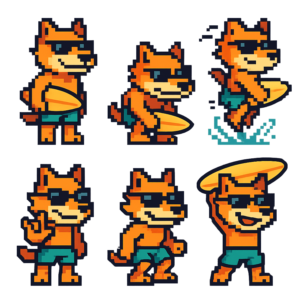 AI generated spritesheet - 6 frame sprite animation: Generate a 2x3 sprite sheet (6 frames) with a transparent background, each frame 64x64. A character 