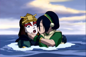 Toph, thinking that it was Sokka who saved her, Kisses her savior.