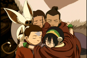 Team Avatar share a group hug, as they agree to stick together.