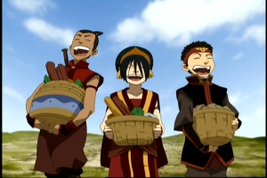 Toph, Aang and Sokka after spending some of their "scammed" money.