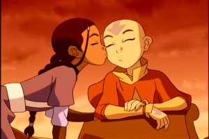 Katara kisses Aang on the Cheek