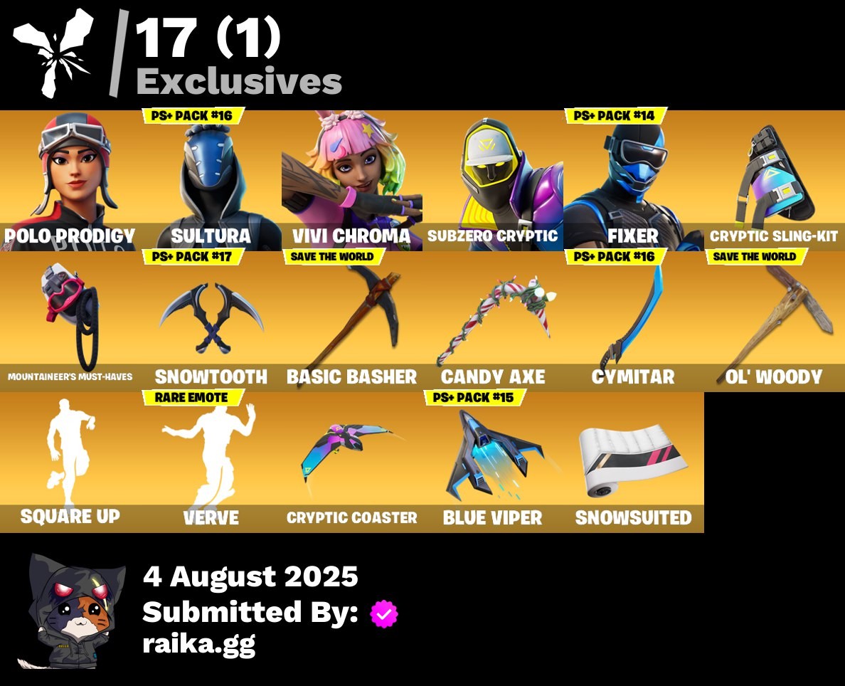 Fortnite Account ( PLAYSTATION / XBOX / PC / MOBILE / NINTENDO ) (Renegade Raider, Polo Prodigy, Sultura, Vivi Chroma, Subzero Cryptic, Fixer, Cryptic Sling-kit, Mountaineer’s Must-Haves) (170 Skins)