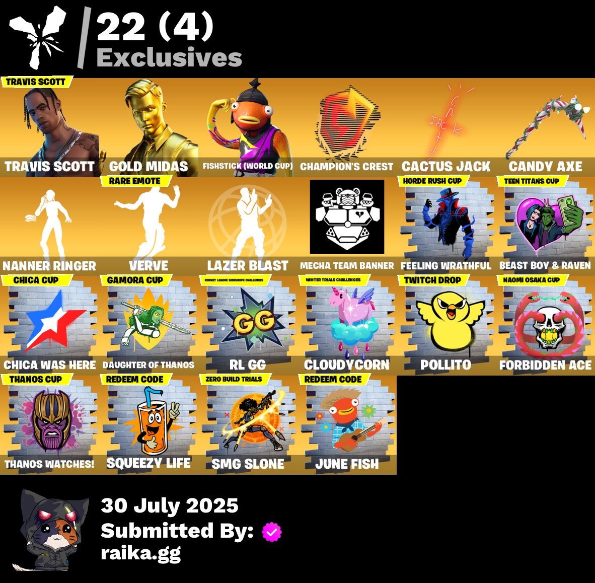 Fortnite Account ( PLAYSTATION / XBOX / PC / MOBILE / NINTENDO ) (Travis Scott, Gold Midas, Fishstick World Cup, Champion’s Crest, Cactus Jack, Candy Axe, Nanner Ringer, Verve, lazer) (215 Skins)