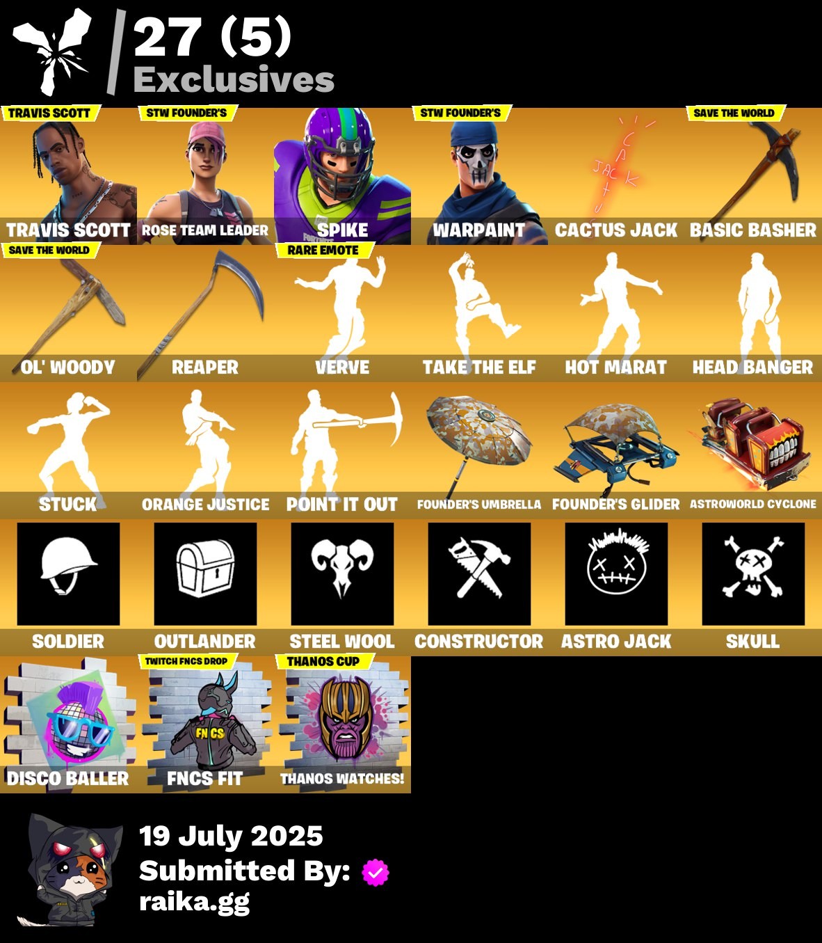 Fortnite Account ( PLAYSTATION / XBOX / PC / MOBILE / NINTENDO ) (OG STW, Travis Scott, Spike, Fusion, Blackheart, Raz, Joey, Mecha Cuddle Master, The Foundation, Dire, The Imagined) (195 Skins)