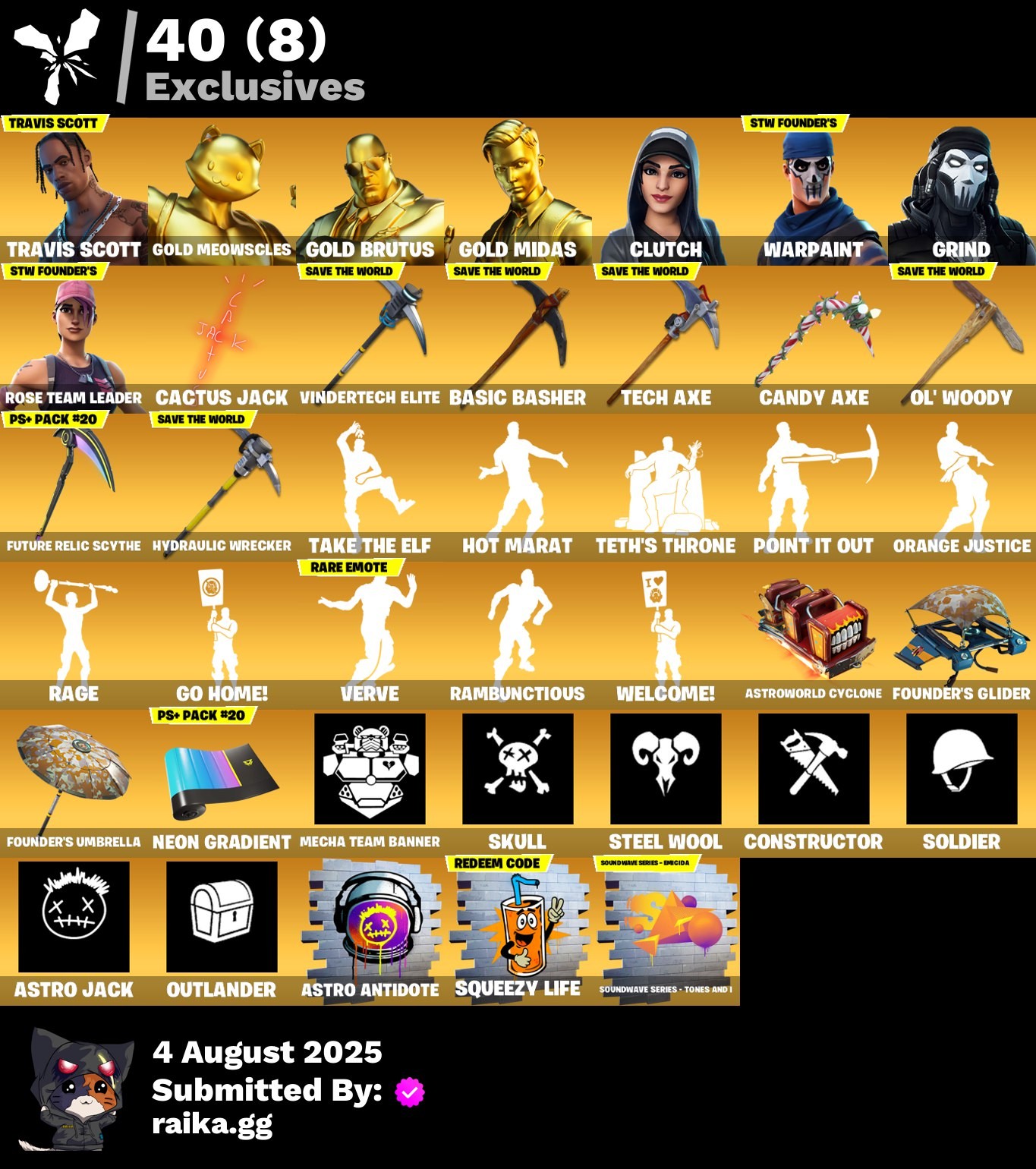 Fortnite Account ( PLAYSTATION / XBOX / PC / MOBILE / NINTENDO ) (OG STW, Travis Scott, Gold Meowscles, Gold Brutus, Gold Midas, Clutch, Grind, Cactus Jack, Vindertech Elite, Basic Basher) (160 Skins)