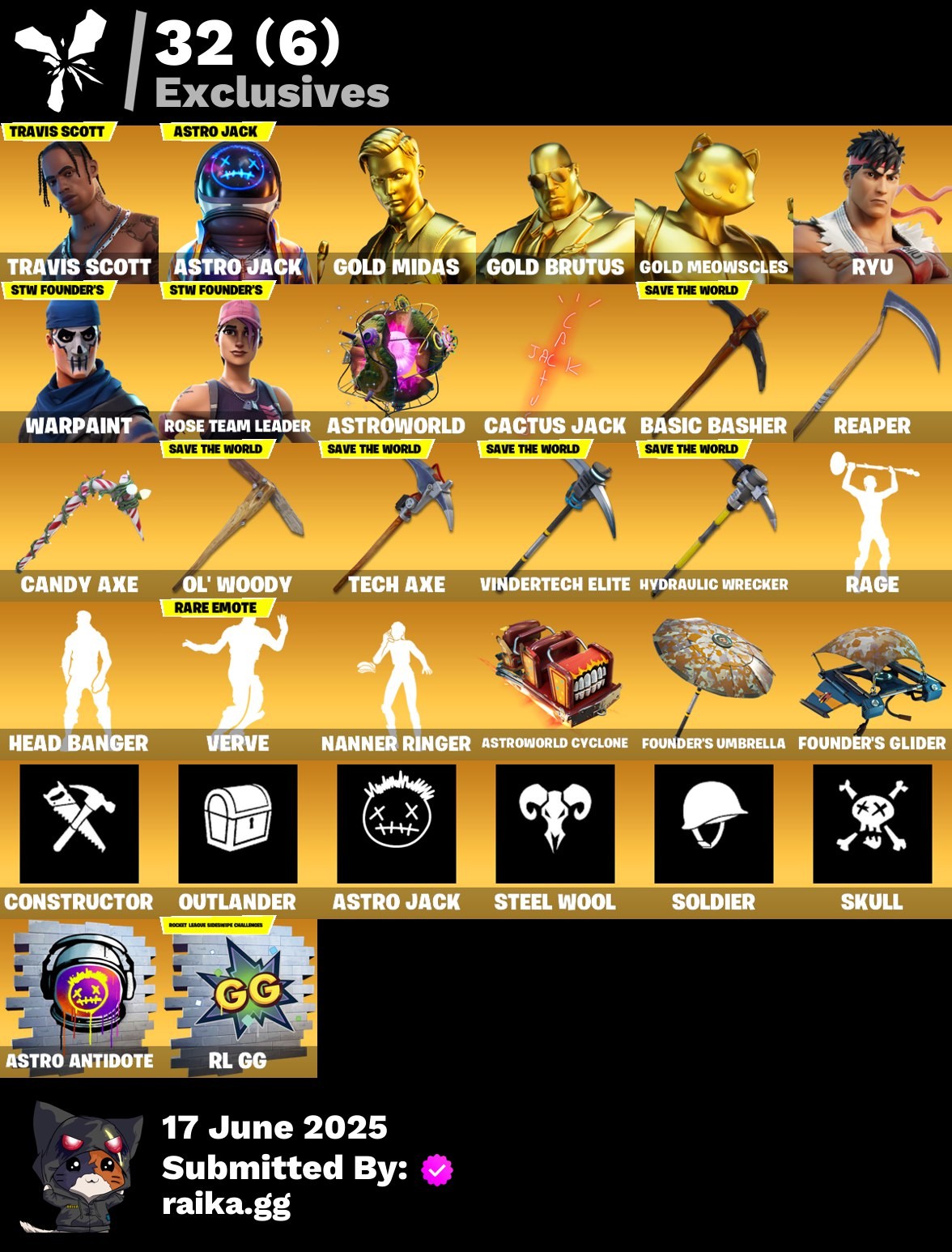 Fortnite Account ( PLAYSTATION / XBOX / PC / MOBILE / NINTENDO ) (OG STW, Travis Scott, Astro Jack, Gold Midas, Gold Brutus, Gold Meowscles, Ryu, Shogun, Eternal Knight, The Origin) (190 Skins)