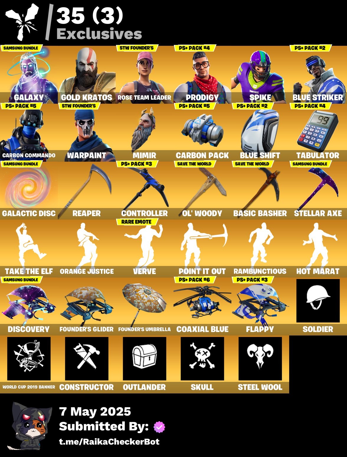 Fortnite Account ( PLAYSTATION / XBOX / PC / MOBILE / NINTENDO ) (OG STW, Galaxy, Gold Kratos, Prodigy, Spike, Blue Striker, Carbon Commando, Catalyst, Wild Card, A.I.M., Valor, Dire) (104 Skins)