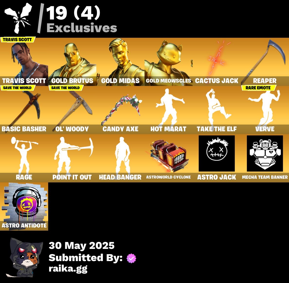 Fortnite Account ( PLAYSTATION / XBOX / PC / MOBILE / NINTENDO ) (Travis Scott, Gold Brutus, Gold Midas, Gold Meowscles Hybrid, Kymera, Renzo the Destroyer, Ragnarok, Fade, Fusion, Dire) (166 Skins)