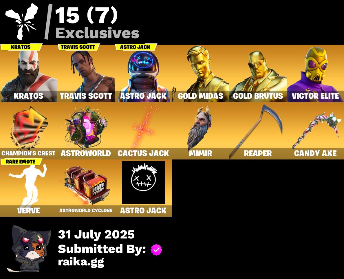 Fortnite Account ( PLAYSTATION / XBOX / PC / MOBILE / NINTENDO ) (Renegade Raider, Kratos, Travis Scott, Astro Jack, Gold Midas, Gold Brutus, Victor Elite, Champion’s Crest, Astroworld) (166 Skins)
