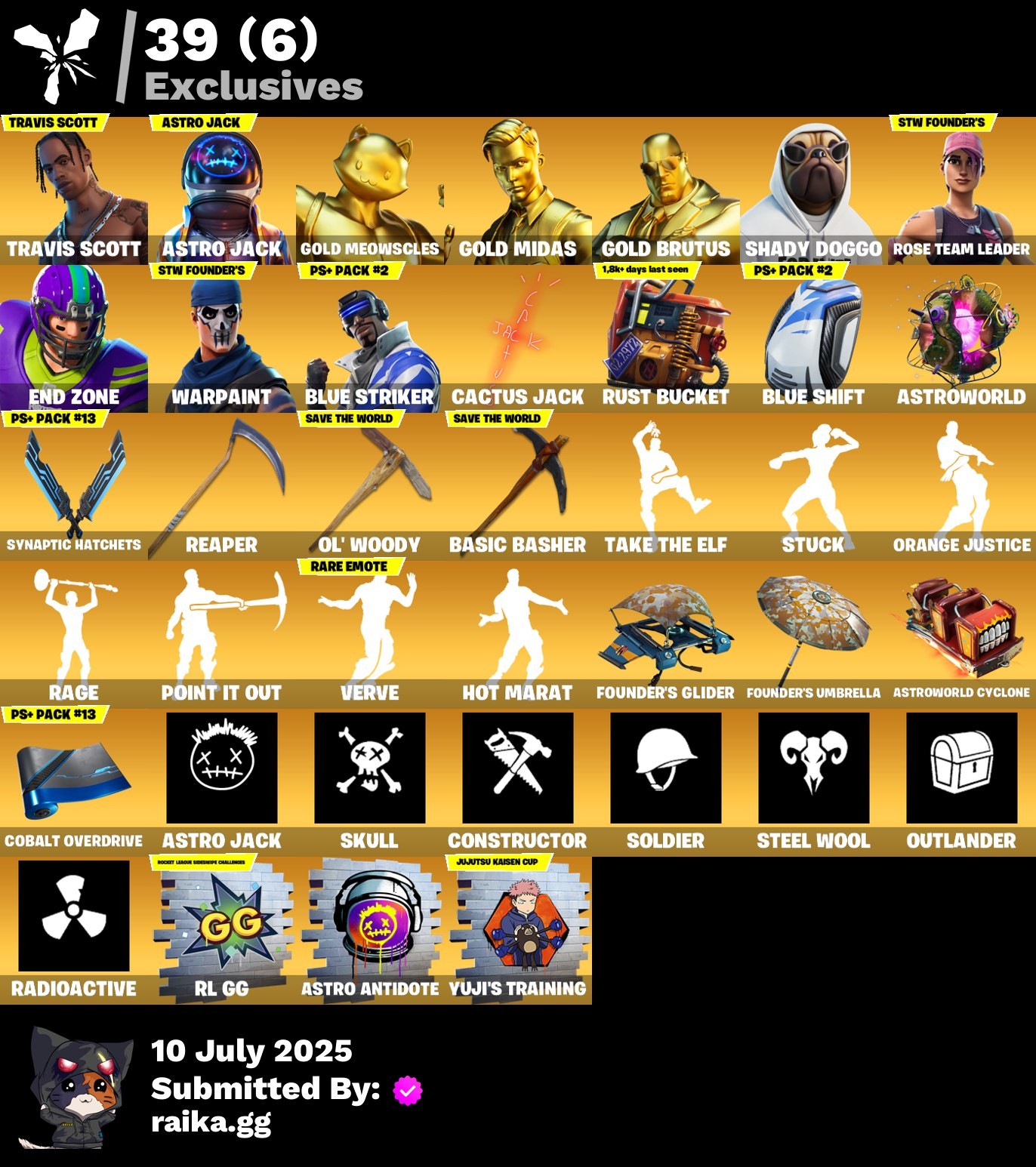 Fortnite Account ( PLAYSTATION / XBOX / PC / MOBILE / NINTENDO ) (OG STW, Travis Scott, Astro Jack, Gold Meowscles, Gold Midas, Gold Brutus, Shady Doggo, End Zone, Blue Striker) (177 Skins)