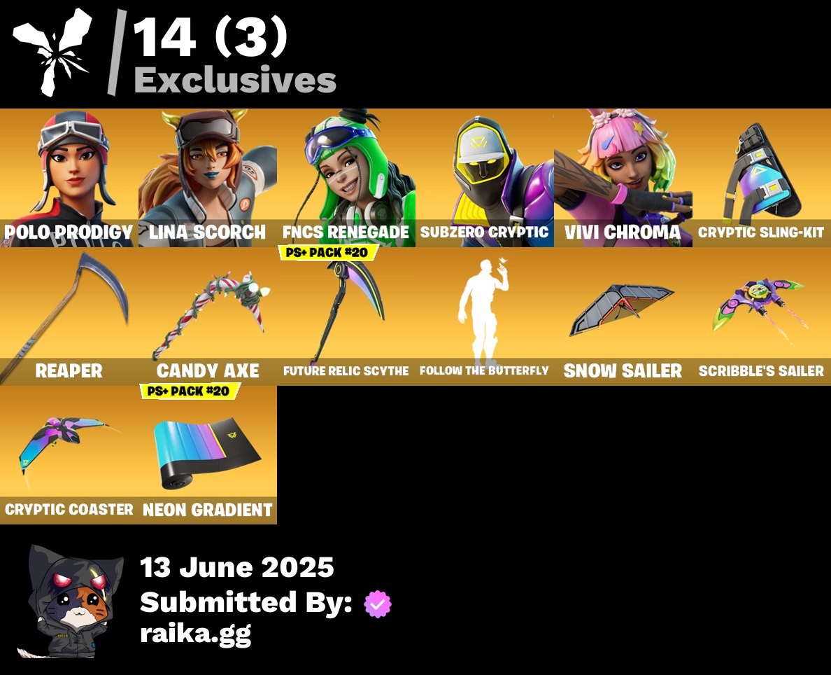 Fortnite Account ( PLAYSTATION / XBOX / PC / MOBILE / NINTENDO ) (Polo Prodigy, Renegade Raider, Raider’s Revenge, Lina Scorch, FNCS Renegade, Subzero Cryptic, Vivi Chroma, Omegarok, Kado Thor) (166 Skins)