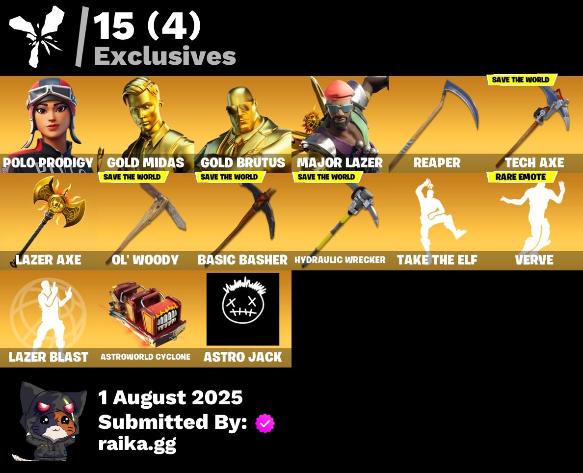 Fortnite Account ( PLAYSTATION / XBOX / PC / MOBILE / NINTENDO ) (Polo Prodigy,Gold Midas,Gold Brutus,Major Lazer,Reaper,Tech Axe,Lazer Axe,Ol’ Woody,Basic Basher,Hydraulic Wrecker) (180 Skins)