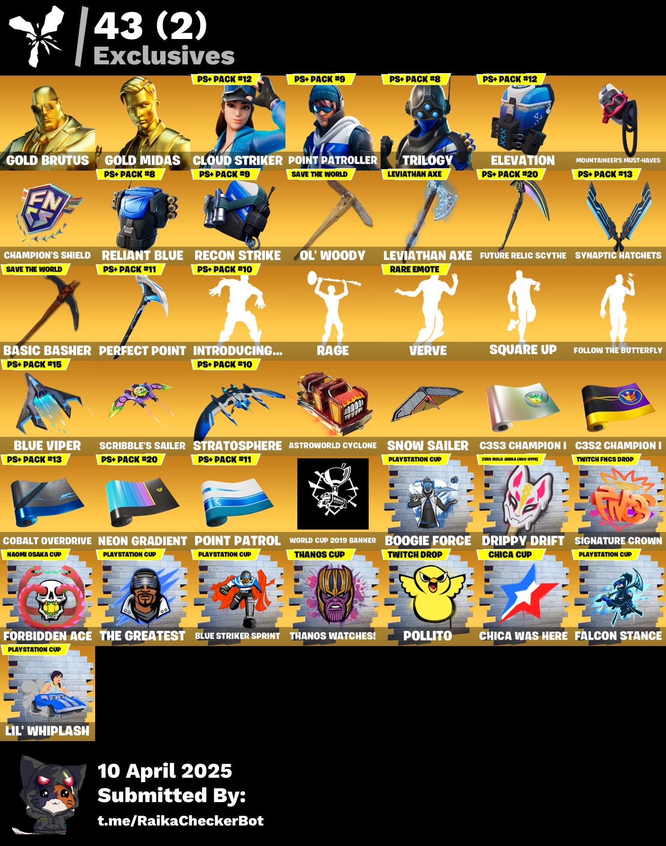 Fortnite Account ( PLAYSTATION / XBOX / PC / MOBILE / NINTENDO ) (Leviathan Axe,Gold Brutus,Gold Midas,Cloud Striker,Point Patroller,Trilogy,Fusion,Malik,Spire Assassin,Torin) (119 Skins)