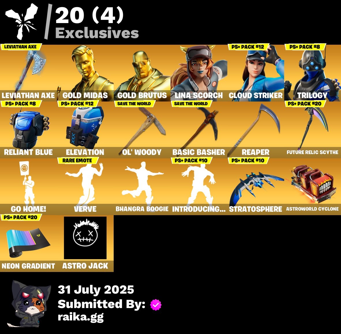 Fortnite Account ( PLAYSTATION / XBOX / PC / MOBILE / NINTENDO ) (Gold Midas,Gold Brutus,Lina Scorch,Cloud Striker,Trilogy,Reliant Blue,Elevation,Leviathan Axe,Ol’ Woody,Basic Basher) (166 Skins)
