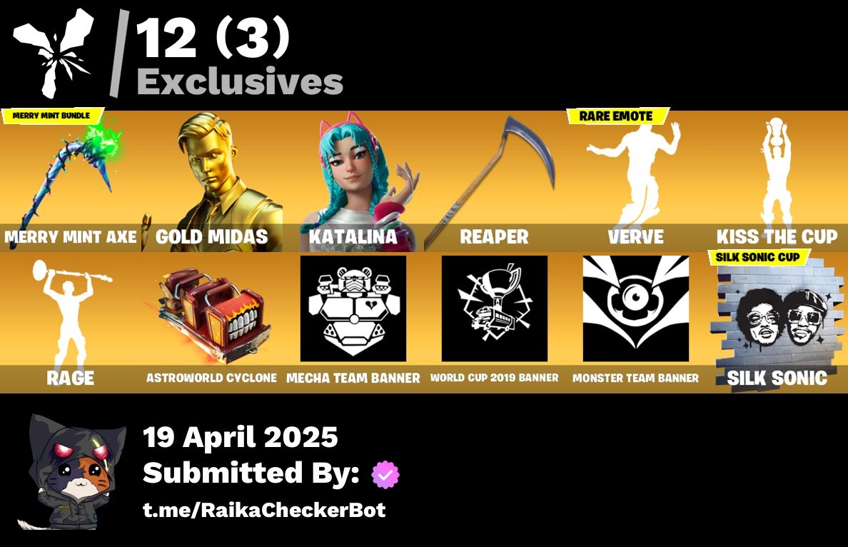 Fortnite Account ( PLAYSTATION / XBOX / PC / MOBILE / NINTENDO ) (Merry Mint Axe,Gold Midas,Katalina,Gear Specialist Maya,Omegarok,Peter Griffin,Fusion,Catalyst,Sorana,Lynx) (104 Skins)