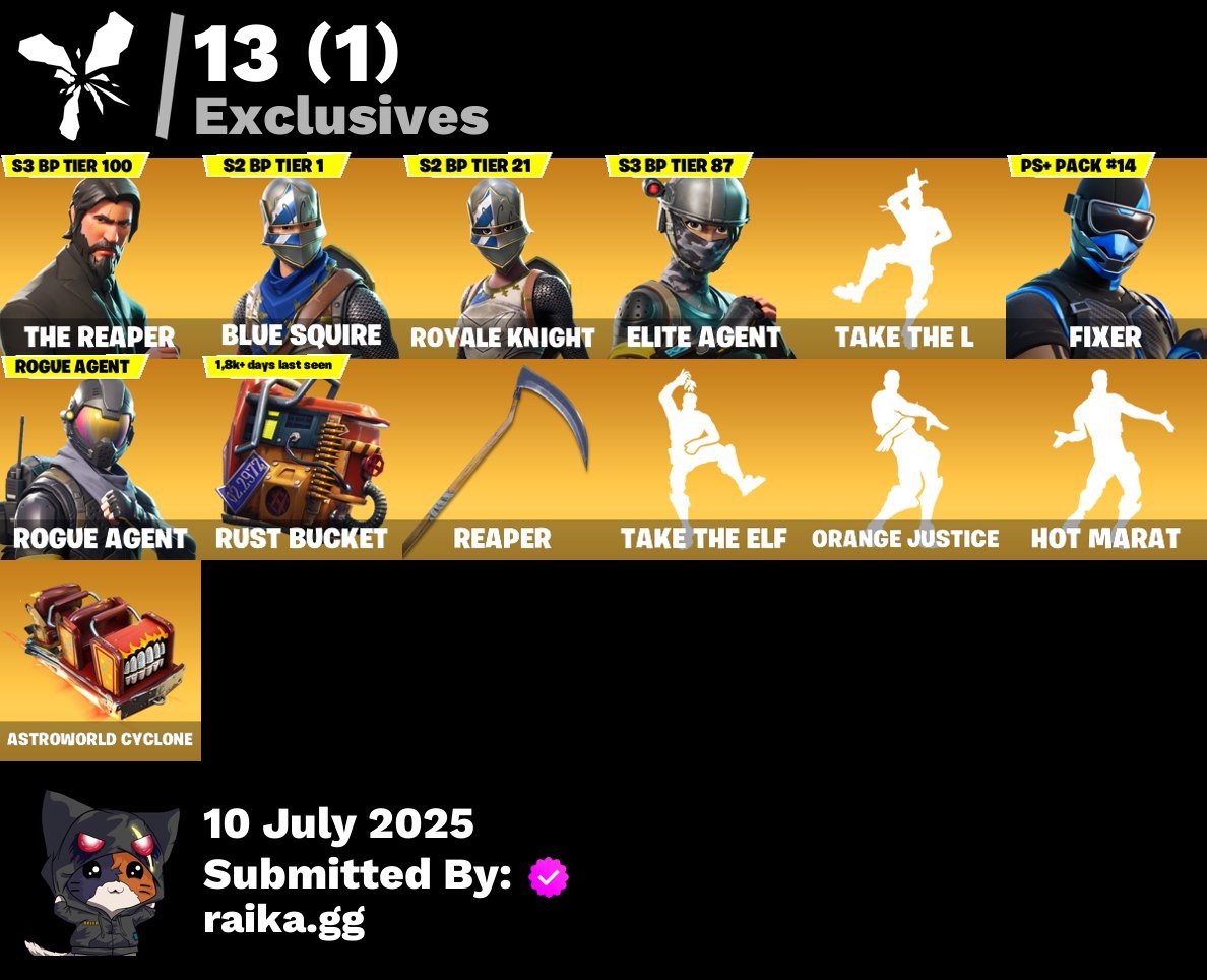 Fortnite Account ( PLAYSTATION / XBOX / PC / MOBILE / NINTENDO ) (The Reaper,Blue Squire,Royale Knight,Elite Agent,Take The L,Fixer,Rogue Agent,A.I.M,Renzo the Destroyer,Enforcer) (96 Skins)