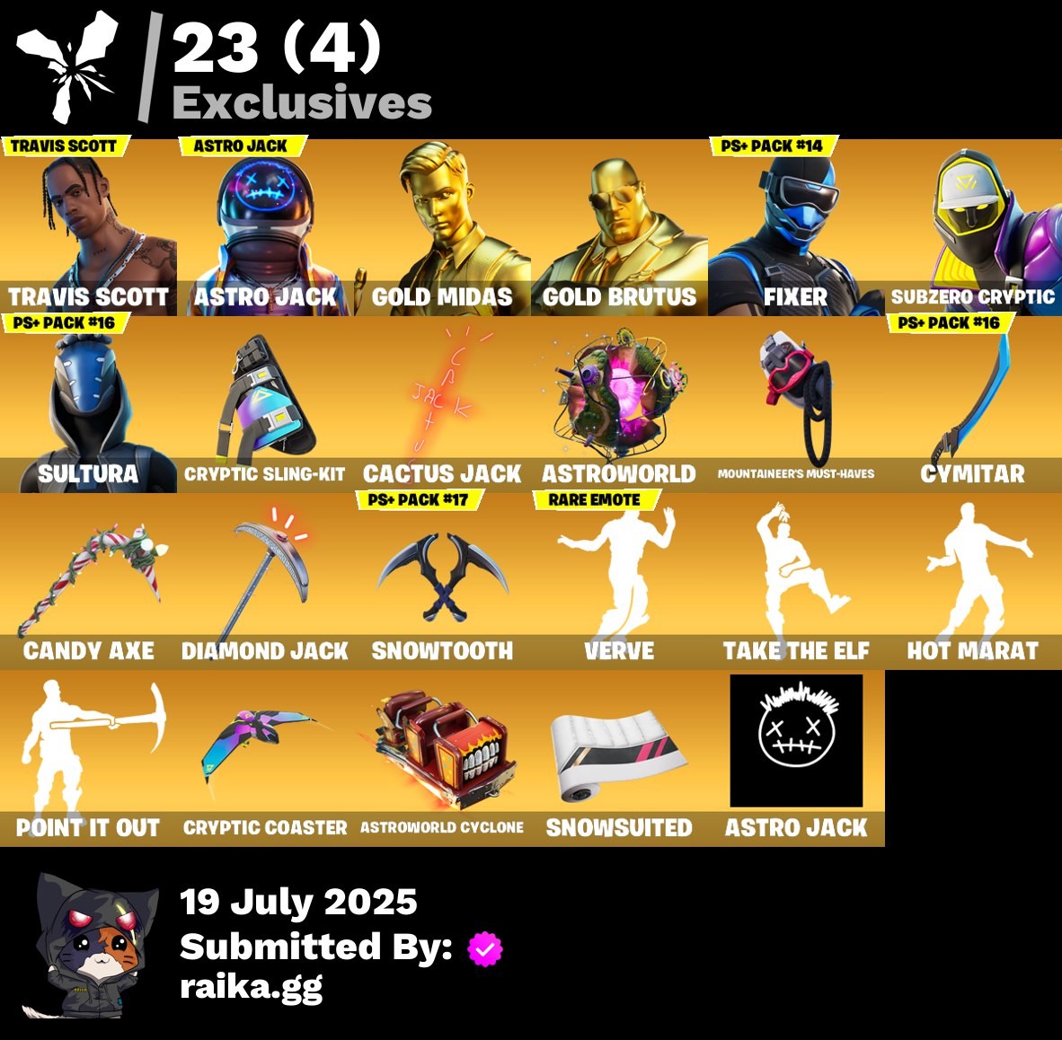 Fortnite Account ( PLAYSTATION / XBOX / PC / MOBILE / NINTENDO ) (Travis Scott,Astro Jack,Gold Midas,Gold Brutus,Fixer,Subzero Cryptic,Sultura,Fusion,Blackheart,Raz,Predator) (224 Skins)