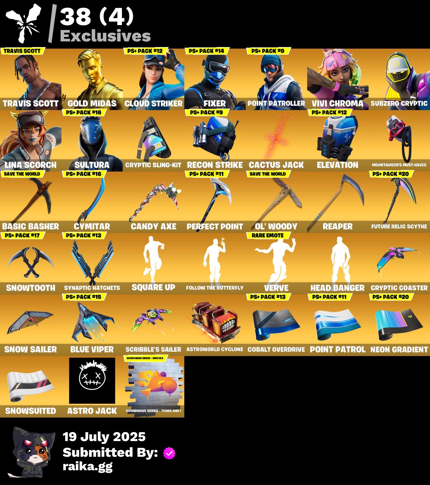 Fortnite Account ( PLAYSTATION / XBOX / PC / MOBILE / NINTENDO ) (Travis Scott,Gold Midas,Cloud Striker,Fixer,Point Patroller,Vivi Chroma,Subzero Cryptic,Lina Scorch,Sultura,Predator) (175 Skins)