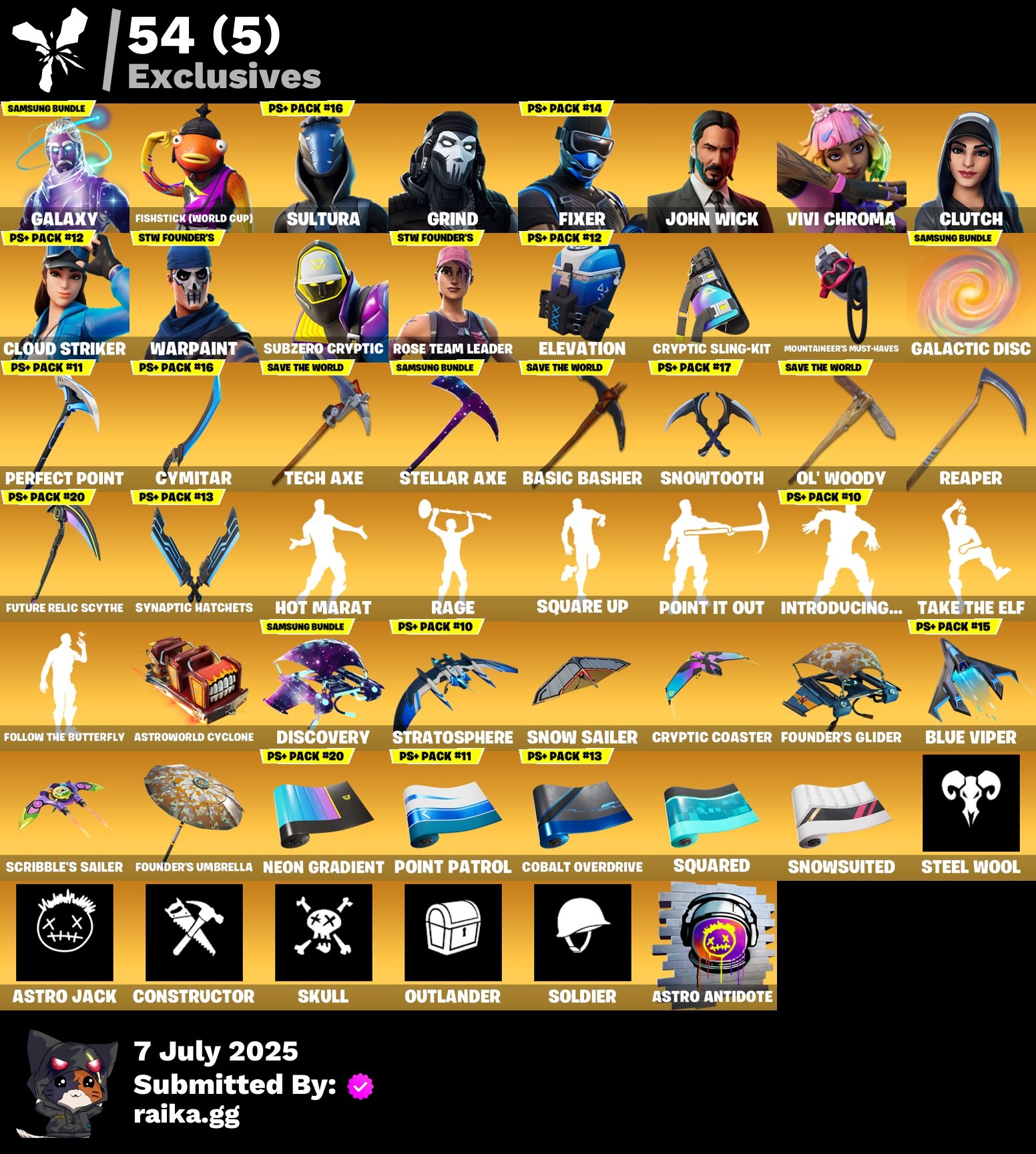 Fortnite Account ( PLAYSTATION / XBOX / PC / MOBILE / NINTENDO ) (Galaxy,Fishstick World Cup,Sultura,Grind,Fixer,John Wick,Vivi Chroma,Clutch,Cloud Striker,Subzero Cryptic) (130 Skins)