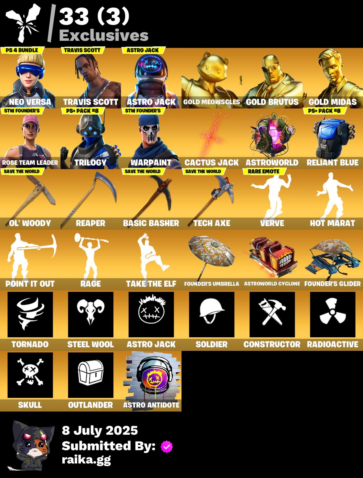 Fortnite Account ( PLAYSTATION / XBOX / PC / MOBILE / NINTENDO ) (Neo Versa,Travis Scott,Astro Jack,Gold Meowscles,Gold Brutus,Gold Midas,Trilogy,Spectra Knight,Frostbite) (192 Skins)