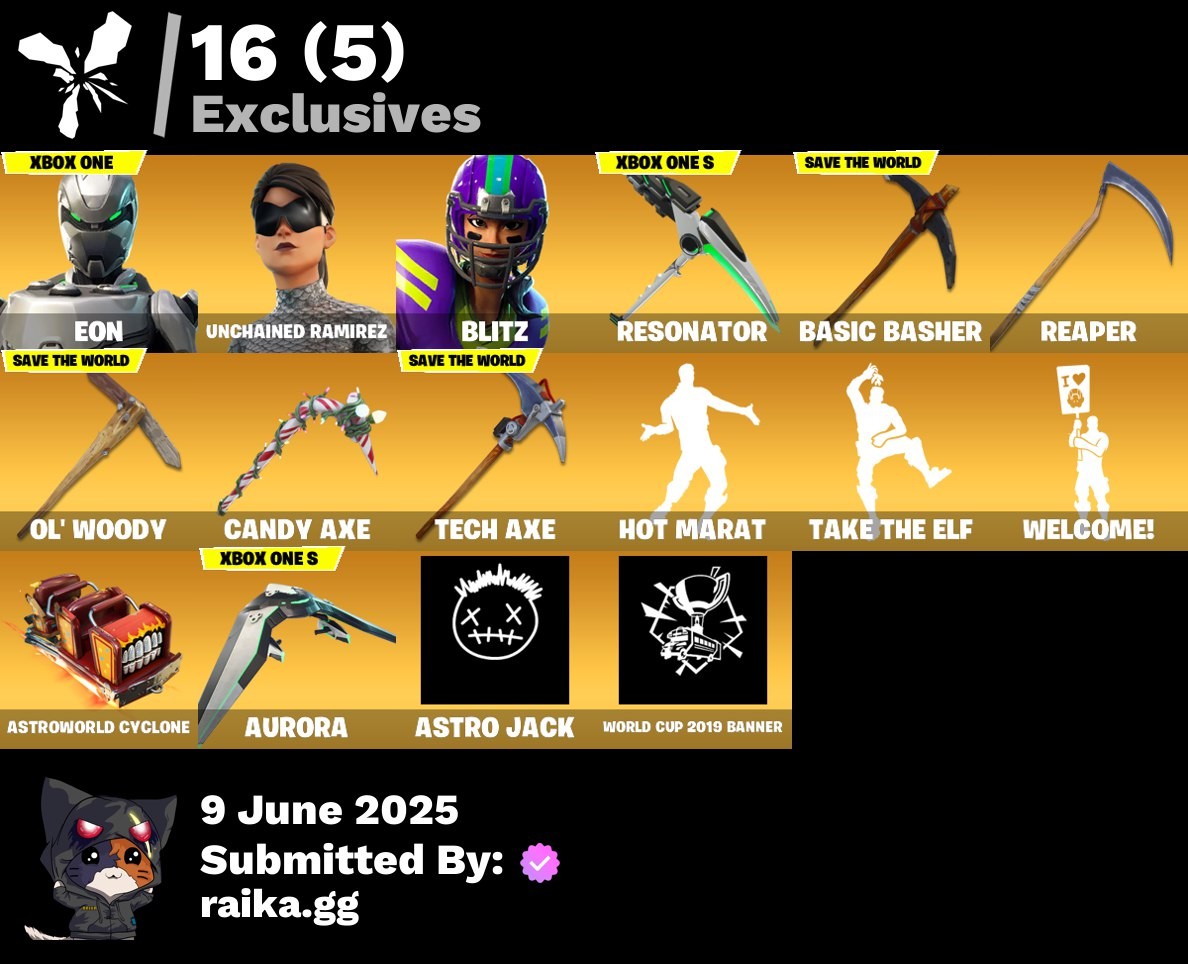 Fortnite Account ( PLAYSTATION / XBOX / PC / MOBILE / NINTENDO ) Eon, Unchained Ramirez, Blitz, Drift, Raz, Hybrid Blackheart, Luxe, Zenith, Calamity, Kado Thorne, The Imagined, Ark (156 skins)