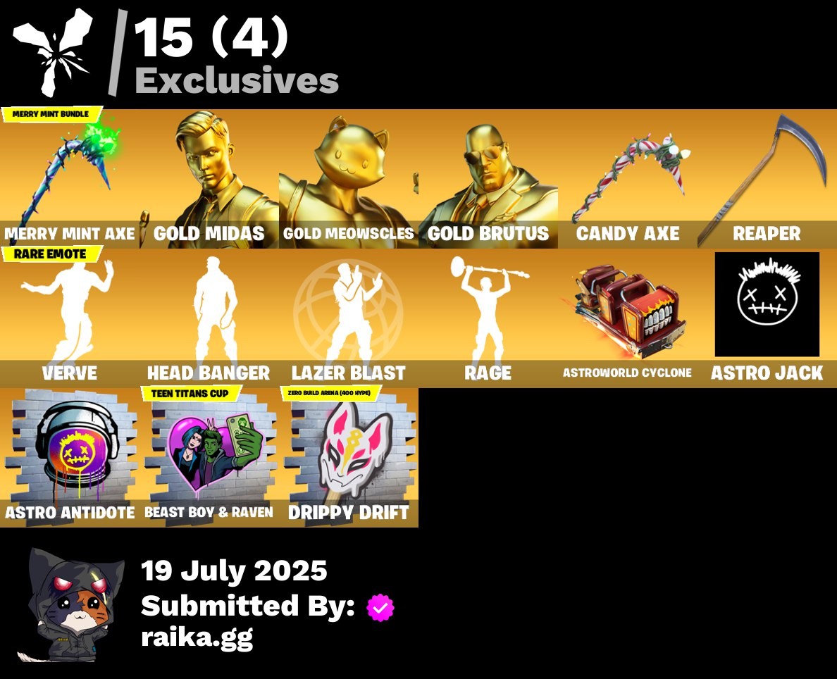 Fortnite Account ( PLAYSTATION / XBOX / PC / MOBILE / NINTENDO ) Merry Mint Axe, Gold Midas, Gold Meowscles, Gold Brutus, The Imagined, Sentinel, Ronin, Catalyst, Eternal Knight, Magnus (229 skins)