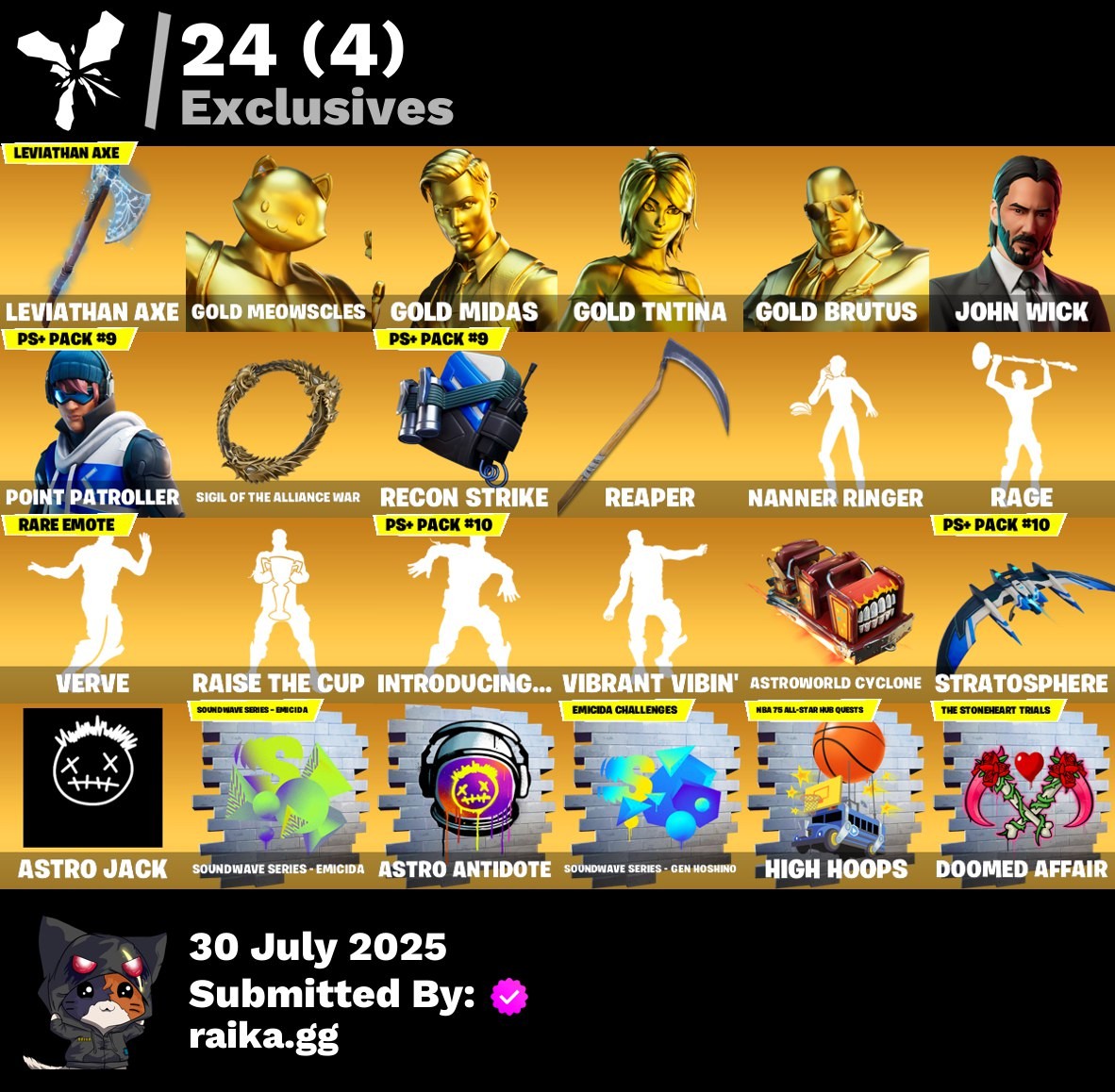 Fortnite Account ( PLAYSTATION / XBOX / PC / MOBILE / NINTENDO ) Gold Meowscles, Gold Midas, Gold TNTina, Gold Brutus, John Wick, Point Patroller, Sigil of the Alliance War, Recon Strike (164 skins)