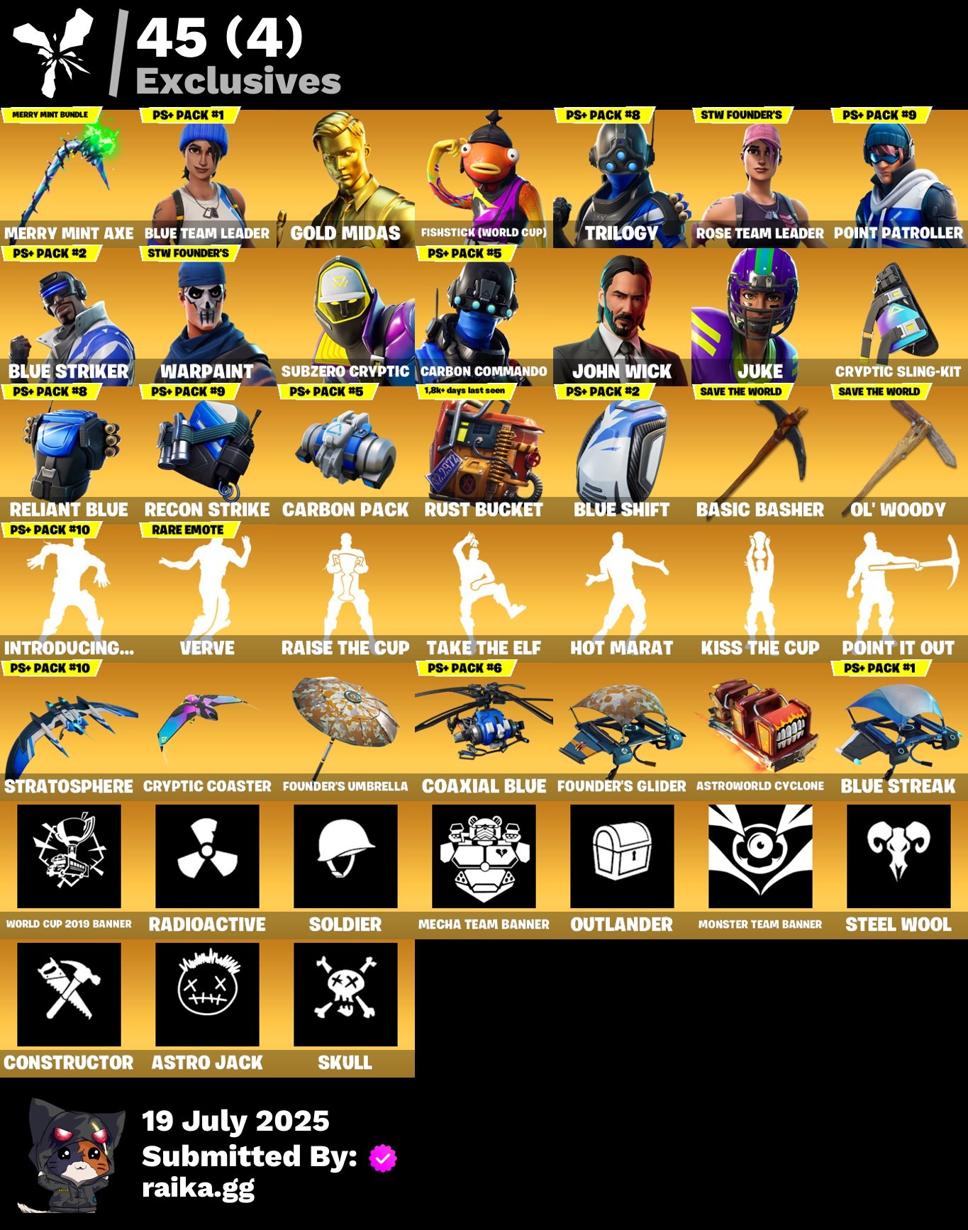 Fortnite Account ( PLAYSTATION / XBOX / PC / MOBILE / NINTENDO ) OG STW, Blue Team Leader, Merry Mint Axe, Gold Midas, Fishstick (World Cup), Trilogy, Point Patroller, Blue Striker (165 skins)