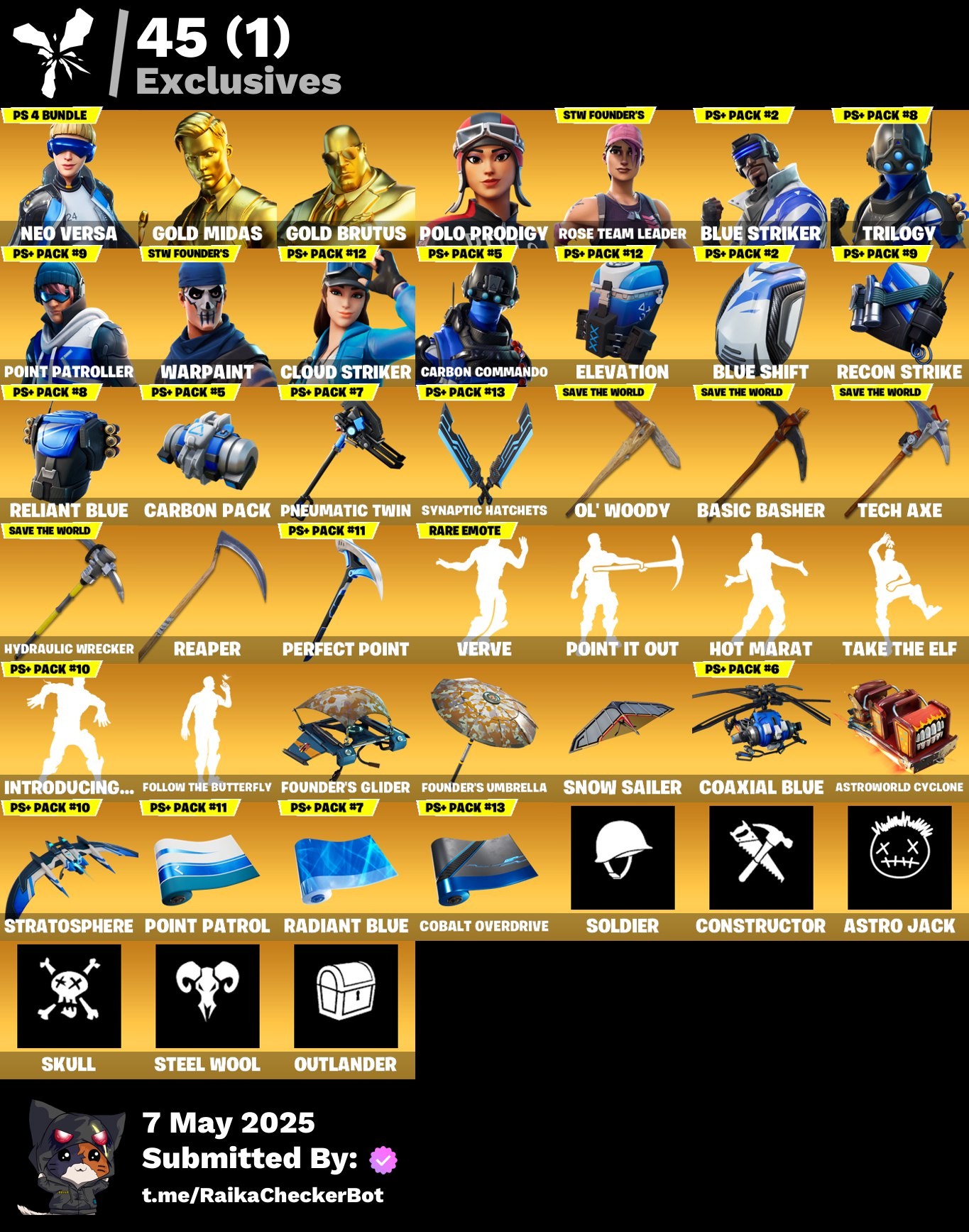 Fortnite Account ( PLAYSTATION / XBOX / PC / MOBILE / NINTENDO ) OG STW, Neo Versa, Polo Prodigy, Gold Midas, Gold Brutus, Blue Striker, Trilogy, Point Patroller, Cloud Striker (175 skins)