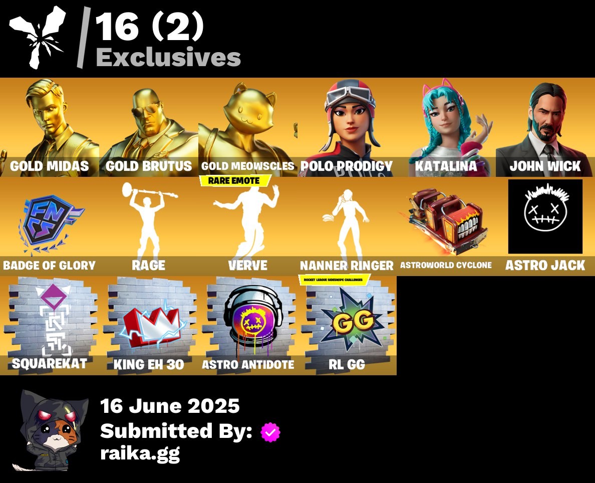 Fortnite Account ( PLAYSTATION / XBOX / PC / MOBILE / NINTENDO ) Polo Prodigy, Gold Midas, Gold Brutus, Gold Meowscles, Katalina, John Wick, Mizuki, Kado Thorne, Gear Specialist Maya, Valeri (152 skins)