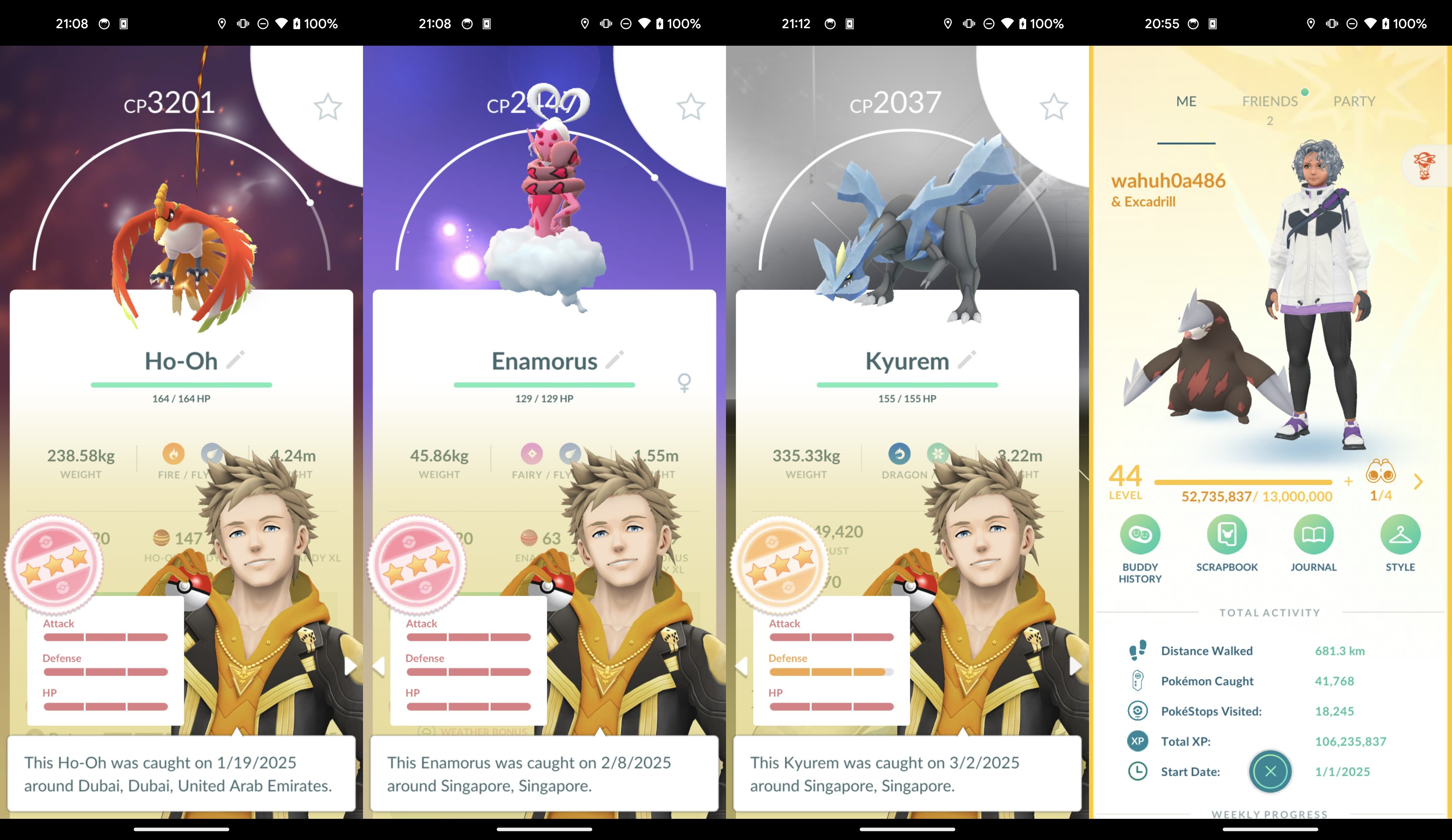 Pokemon Go Account – LEVEL 44, 106M XP 16.4M Dust, 100IV Ho-Oh Enamorus, 98IV Kyurem, 1 Shiny Dmax, 2 Shiny Hatched, 13 Wild Legendary, 5 Gmax, 26 Dmax, 4 Pkm BGrd, 46 Perfect