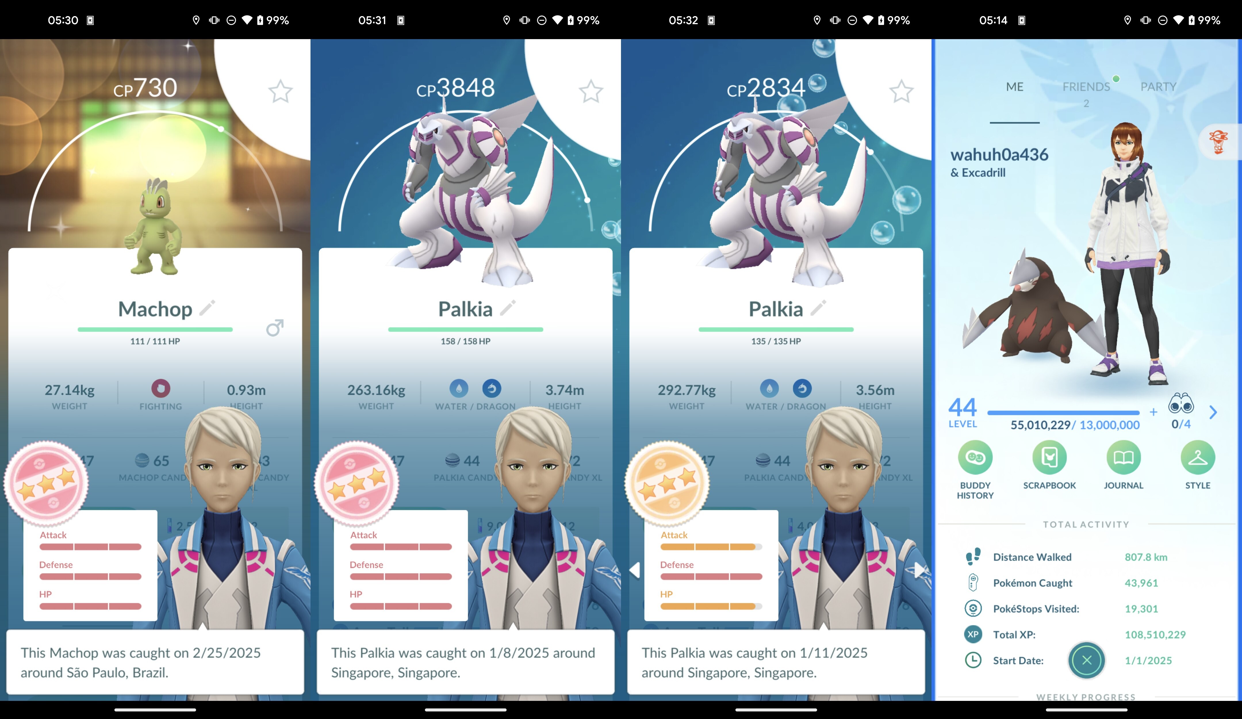 Pokemon Go Account – LEVEL 44, 108M XP 16.1M Dust, Shundo Machop, 100IV Palkia, 3 Shiny Dmax, 1 Shiny Hatched, 13 Wild Legendary, 2 Gmax, 19 Dmax, 4 Pkm BGround, 23 Perfect