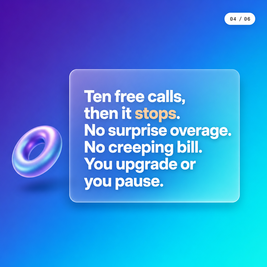 Hard Stop slide explaining the 10-call ai agent pricing boundary