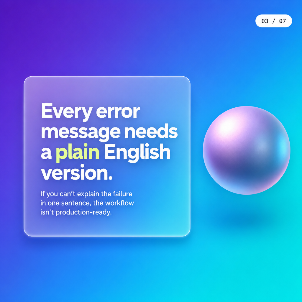 Lesson 2 slide on plain English error handling in n8n workflows
