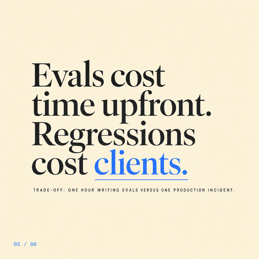 Trade-off slide showing the cost-benefit of writing LLM evals