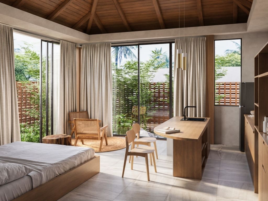 Budget friendly 1 bedroom villa for sale in Bali. Quiet Ubud location. Open-plan studio with desk and kitchenette. Only $90kUDS for 30 year leasehold.