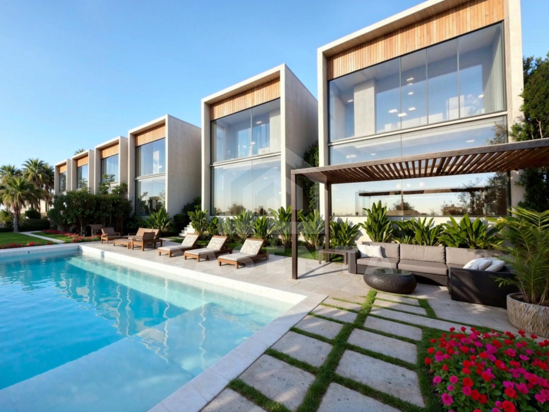 Modern villa development with swimming pool and tropical landscaping in Bali
