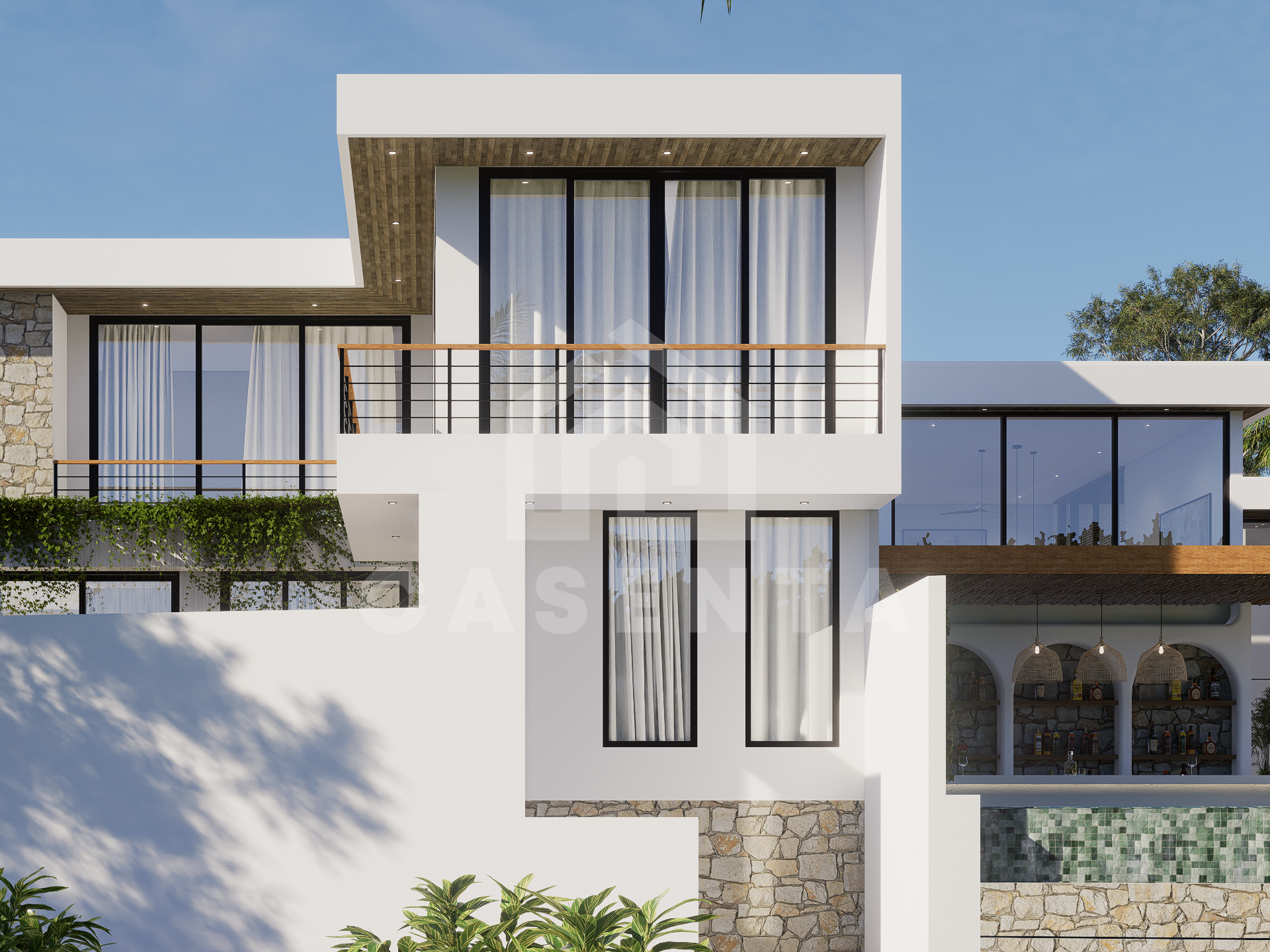 Modern 3-bedroom villa for sale in Balangan with natural stone and tropical landscaping