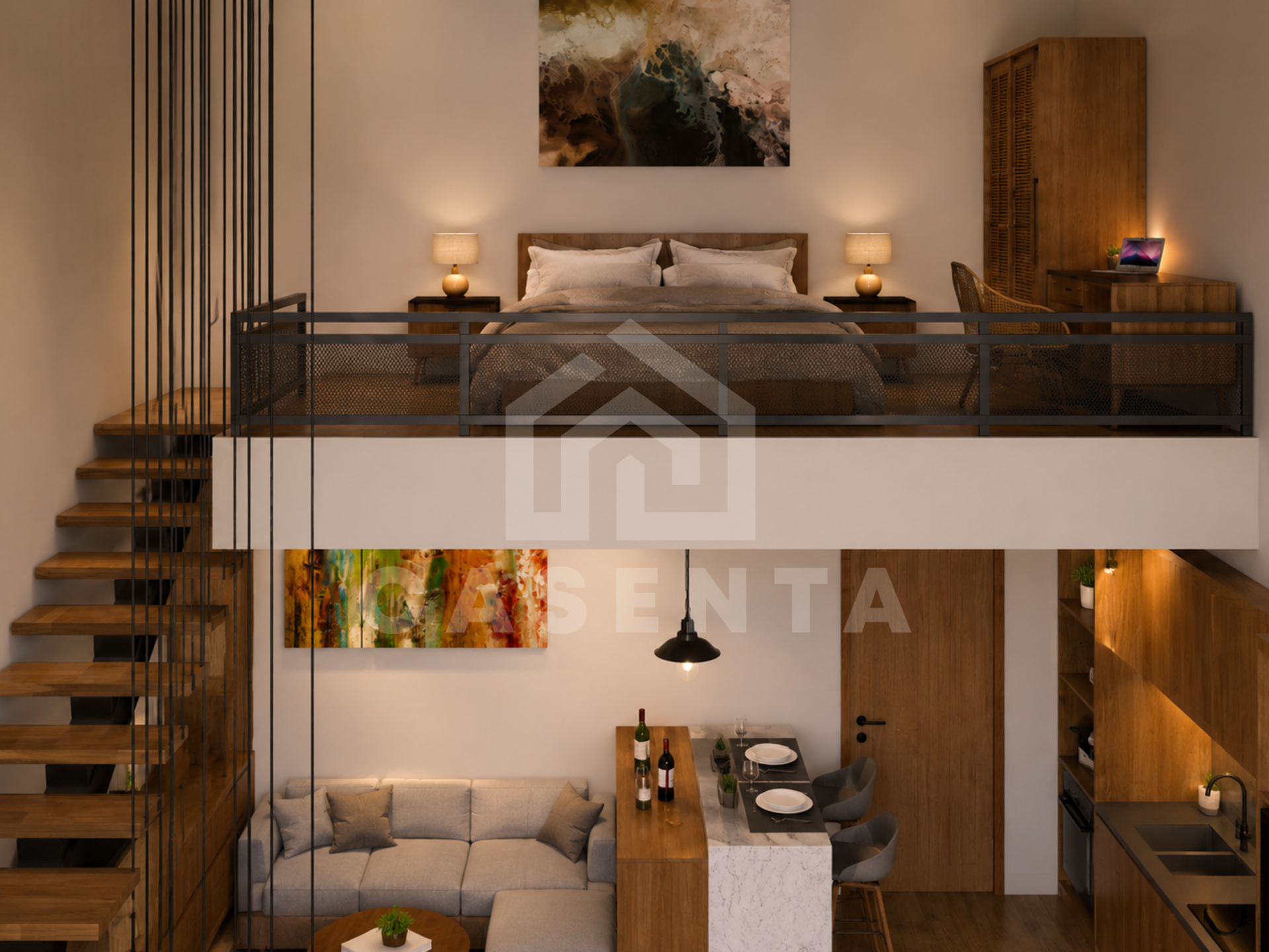 Modern tropical bedroom with mezzanine layout in Kerobokan