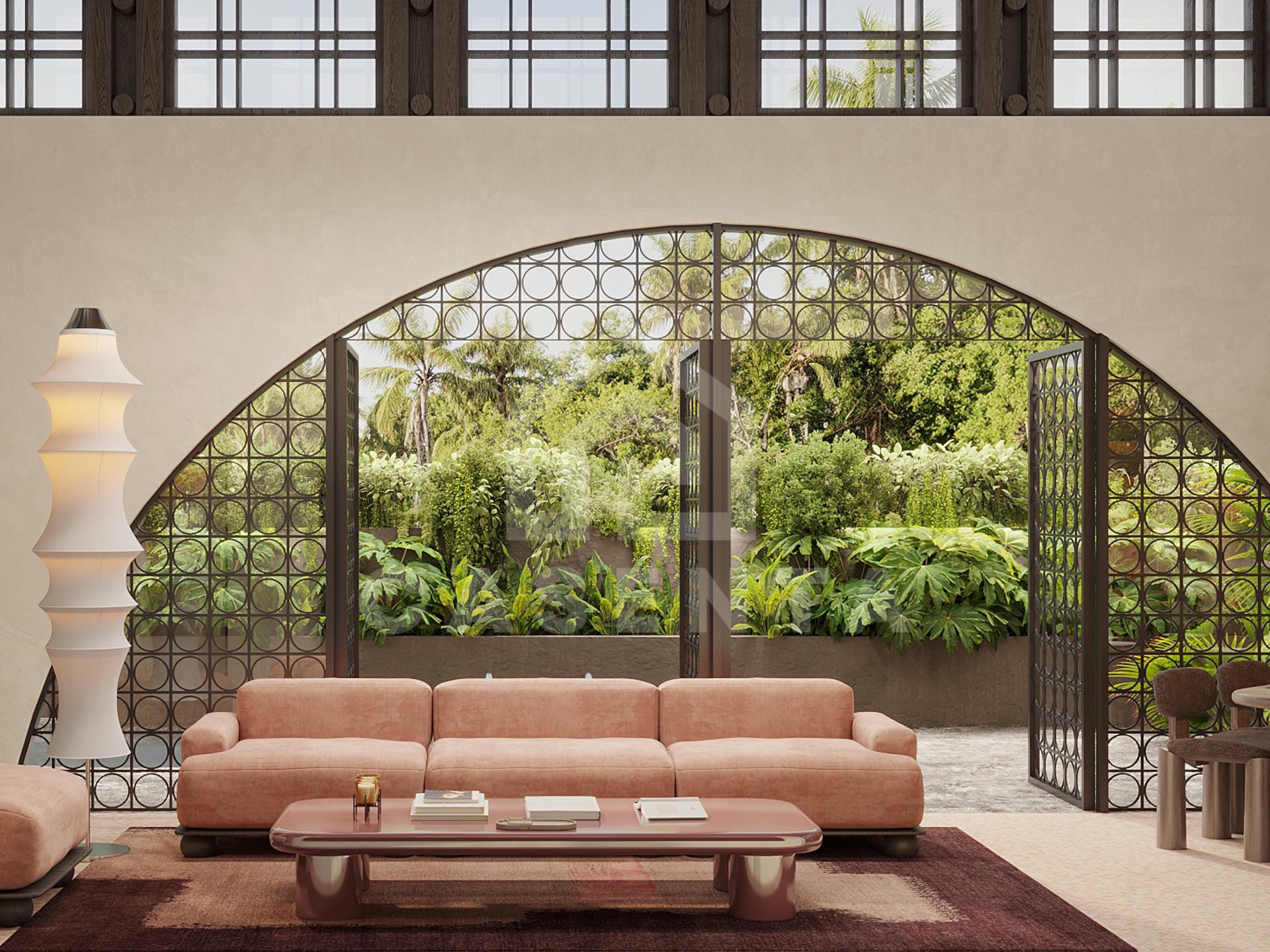 Designer living room opening onto tropical garden in Nyanyi villa