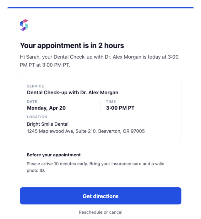Appointment Reminder - 2 Hours Before — Email